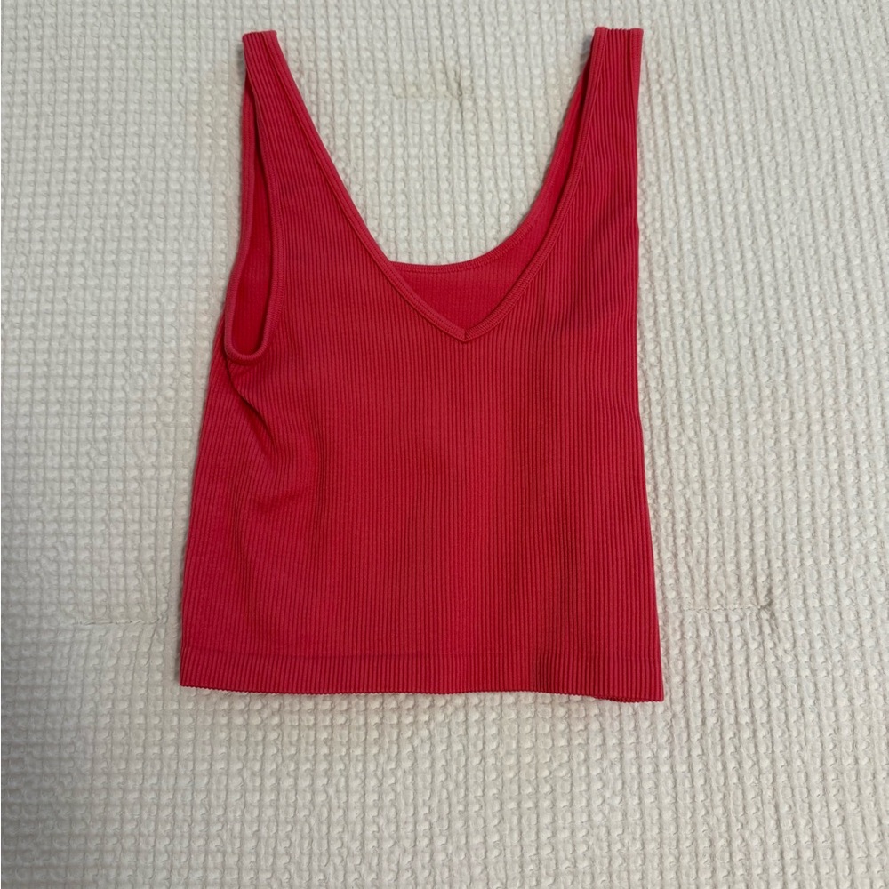 Red V-Neck Ribbed Women's Top